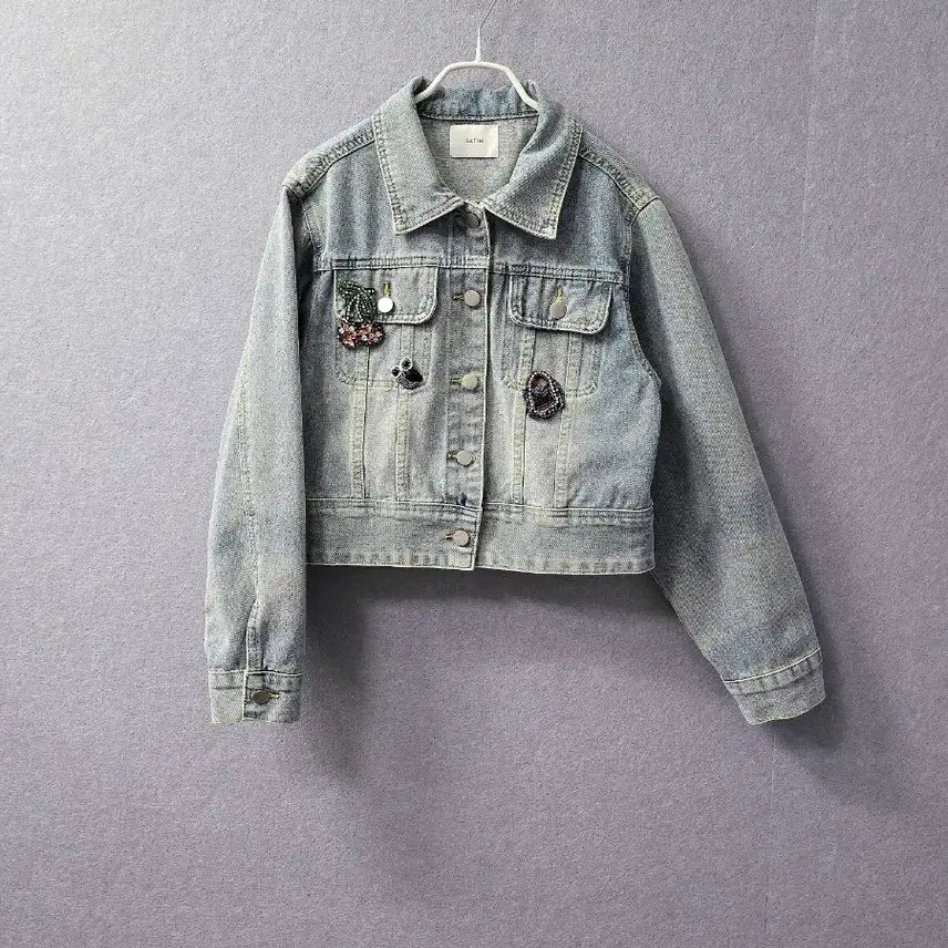 [BUNJANG] Satin Jewelry Beaded Washed Denim Jacket / 샤틴 주얼리 비즈 장식 워싱 데님 청자켓