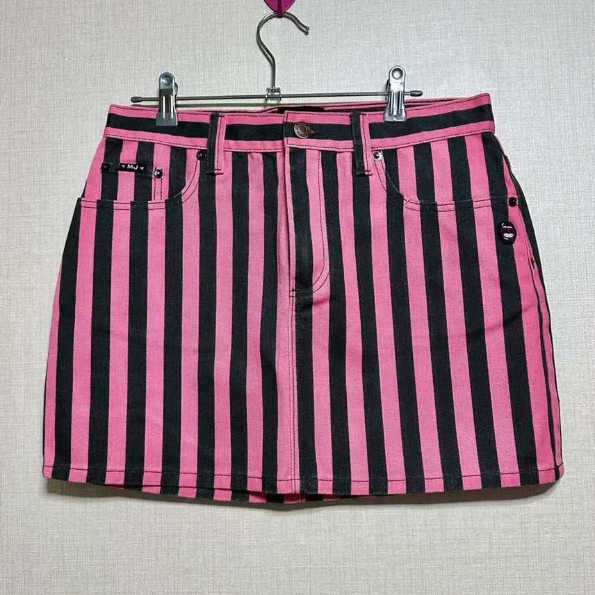 [BUNJANG] Marc Jacobs Pink Black Striped Denim Mini Skirt / 마크제이콥스 핑크 블랙 스트라이프 스커트
