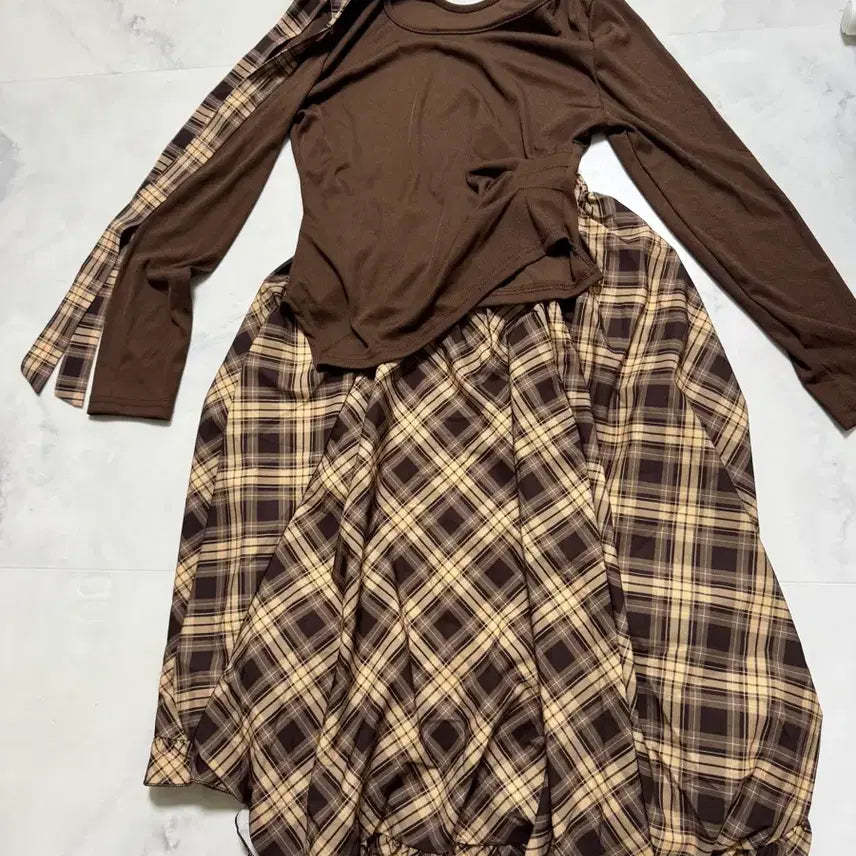 [BUNJANG] Brown Check Long One-Piece Set / 브라운 체크 롱 원피스 세트 판매