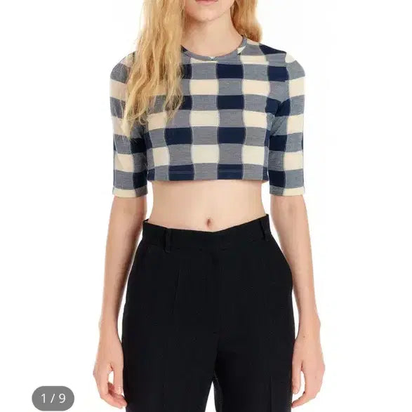 [BUNJANG] eenk Yuri Check Jersey Crop Top XS / eenk 잉크 urio 유리오 저지 크롭탑 아이보리네이비 체크 xs