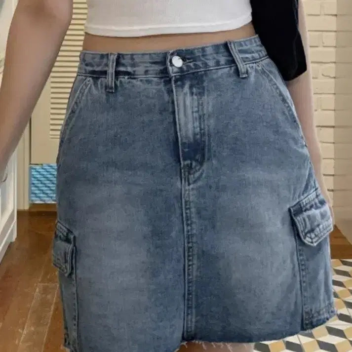 [BUNJANG] 98℃ Denim Cargo Mini Skirt / 98도씨 데미지 카고 데님 미니 스커트 속바지 내장 실사있음