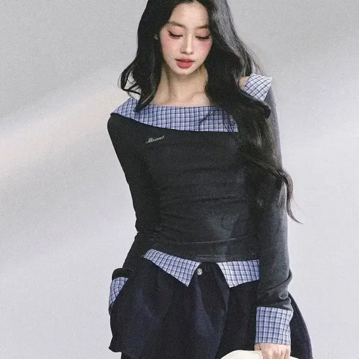 [BUNJANG] Check Pattern Off-Shoulder Two-Piece Set / 체크패턴 투피스 오프숄더