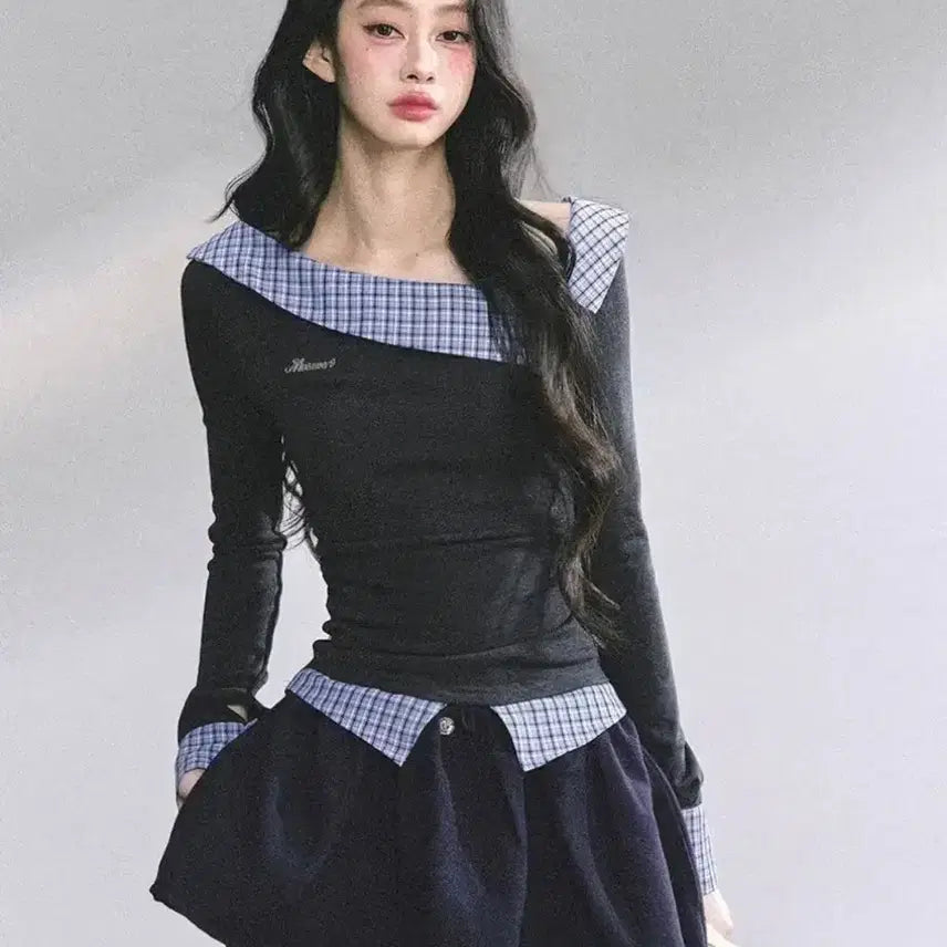 [BUNJANG] Check Pattern Off-Shoulder Two-Piece Set / 체크패턴 투피스 오프숄더