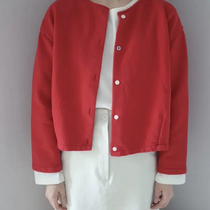[BUNJANG] Red Round Neck Button Cardigan / 레드 컬러넥 버튼 가디건