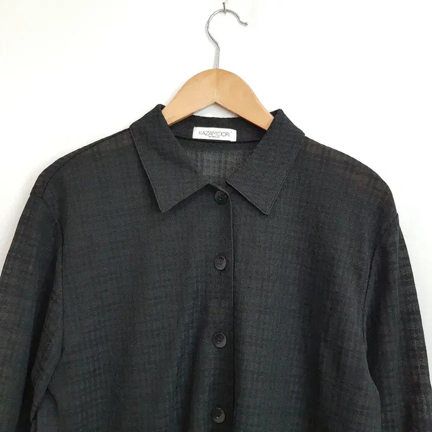 [BUNJANG] Vintage Black Checkered See-Through Long Blouse (Size L) / JPN 빈티지 검정 체크 패턴 시스루 긴팔 롱 블라우스 여L Q143
