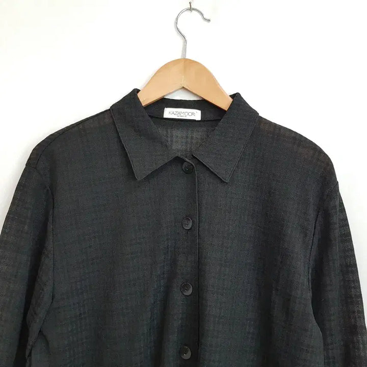 [BUNJANG] Vintage Black Checkered See-Through Long Blouse (Size L) / JPN 빈티지 검정 체크 패턴 시스루 긴팔 롱 블라우스 여L Q143