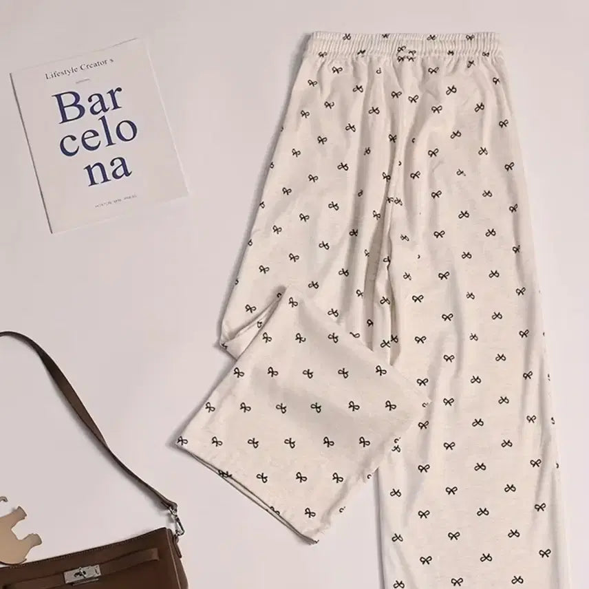[BUNJANG] Ribbon Pattern Wide Pants (Oatmeal) / 리본 패턴 와이드 팬츠 (오트밀)