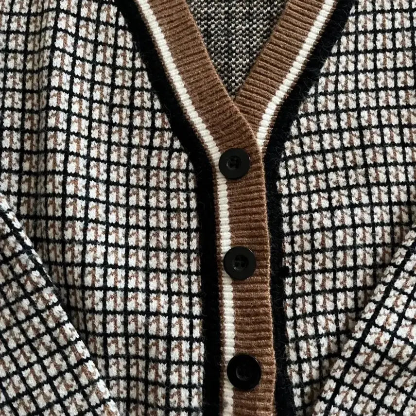 [BUNJANG] Brown Check Knit Cardigan / 브라운 체크 가디건