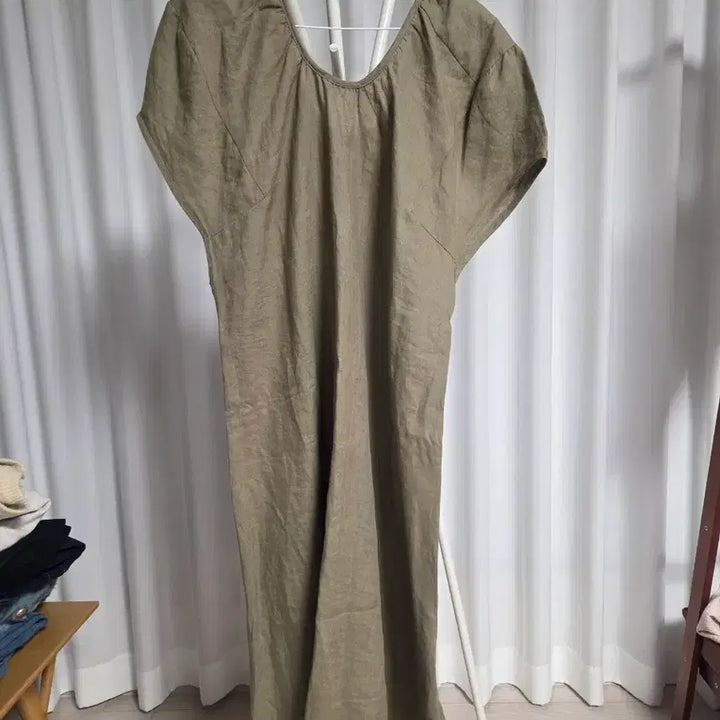 [BUNJANG] Linen Short-Sleeve Long Dress / 린넨 카키 반팔 롱 원피스 ~77까지 가능