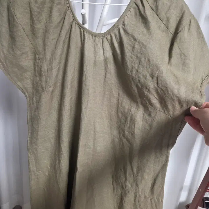 [BUNJANG] Linen Short-Sleeve Long Dress / 린넨 카키 반팔 롱 원피스 ~77까지 가능