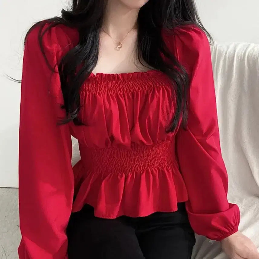 [BUNJANG] Red Smoke Shirring Blouse / 레드 스모크 셔링 블라우스 퍼프 긴팔