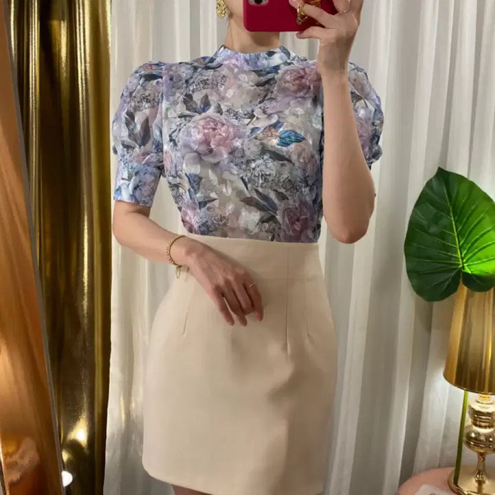 [BUNJANG] Floral Print Short Sleeve Blouse / [ 새상품 / 플라워 반팔 블라우스 블루 ]