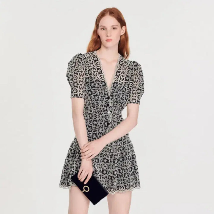 [BUNJANG] Sandro Puff Sleeve Pattern Dress / 산드로 퍼프소매 원피스