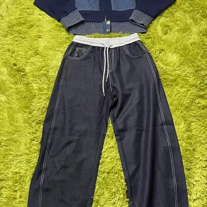 [BUNJANG] Raduna Navy Denim Two-Piece Set - Denim Knit Jacket &amp; Pants / 네이비데님투피스 제평자켓 수입세트