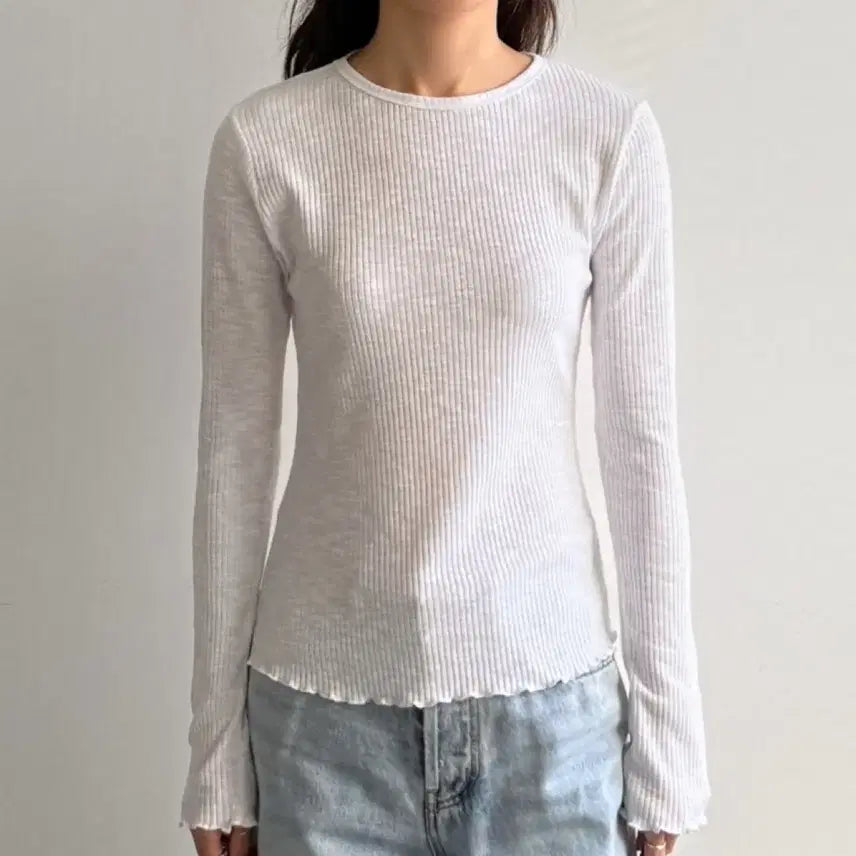 [BUNJANG] White Ribbed Wave Slim T-Shirt / 화이트 골지 물결 슬림 티셔츠