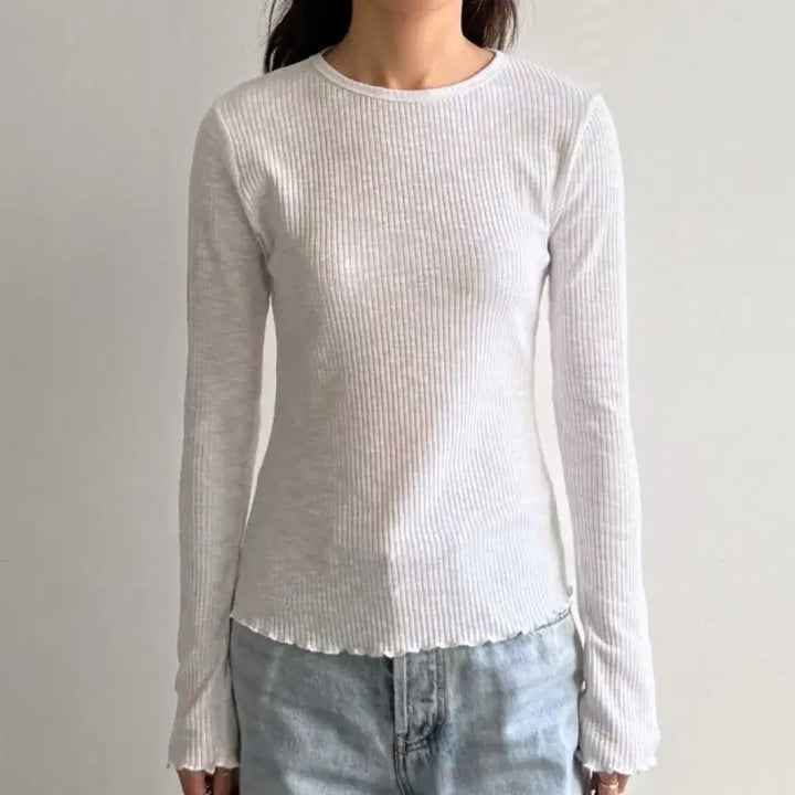 [BUNJANG] White Ribbed Wave Slim T-Shirt / 화이트 골지 물결 슬림 티셔츠