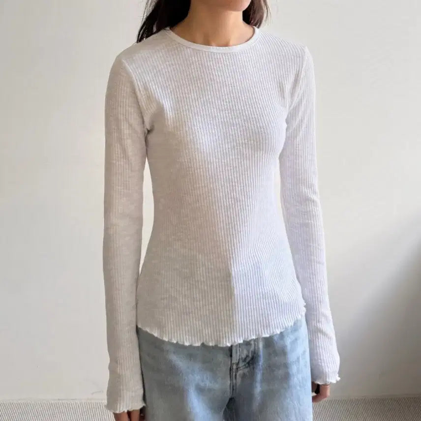 [BUNJANG] White Ribbed Wave Slim T-Shirt / 화이트 골지 물결 슬림 티셔츠