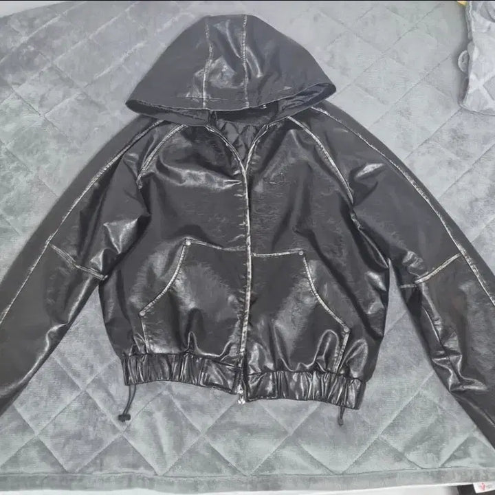 [BUNJANG] Not for Nerds Cropped Leather Hooded Jacket / 낫포너드 크롭 래더 후드 가죽자켓