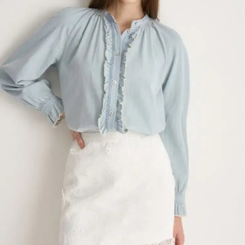 [BUNJANG] Mine 25SS Ruffled Denim Blouse / 한섬 마인 mine 25ss 러플 데님 블라우스 55