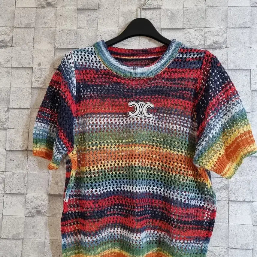 [BUNJANG] Rainbow Mesh Knit Top / 망사니트 레인보우 반팔 니트