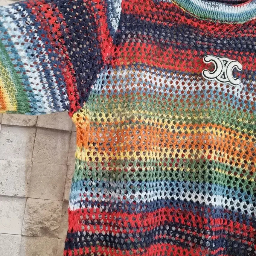 [BUNJANG] Rainbow Mesh Knit Top / 망사니트 레인보우 반팔 니트