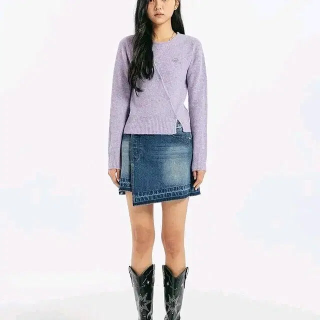 [BUNJANG] Pallet Slit Button Knit Cardigan / 팔렛 슬릿 버튼니트 퍼플 언발란스 가디건 사선니트