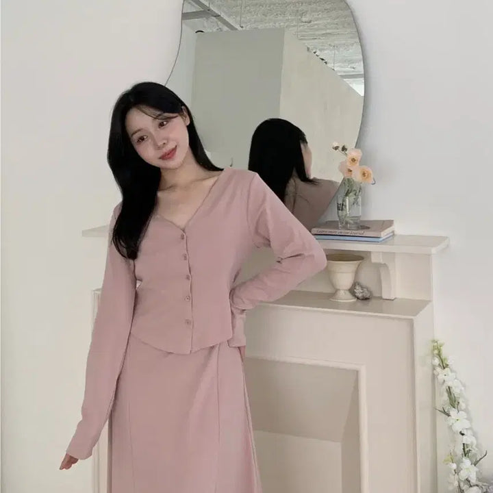 [BUNJANG] Flatper Daisy Drape Shirring Long Dress + Cardigan Set / (새상품)플랫퍼 데이지 드레이프 셔링 롱원피스+가디건 세트,민트