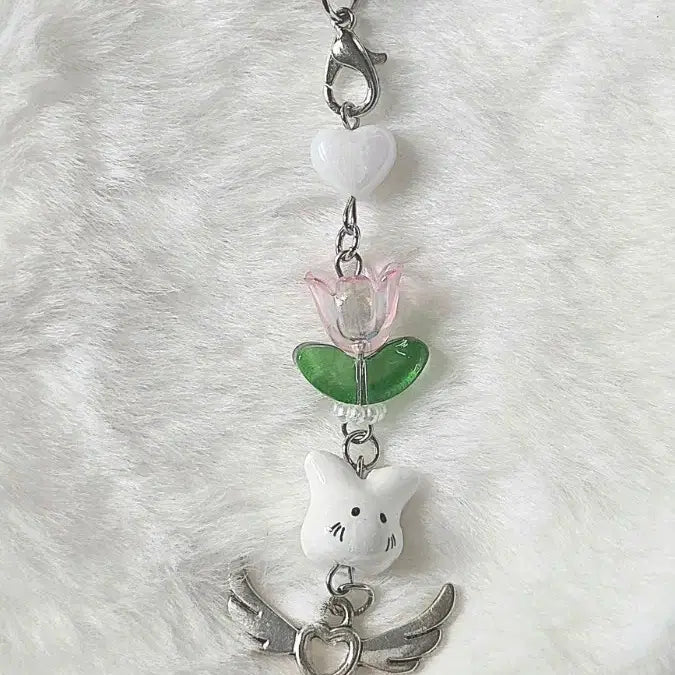 [BUNJANG] Rabbit, Tulip, Heart Bead Charm Keychain for Phone/Diary / 핸드폰 키링 토끼 튤립 하트 비즈 다이어리키링