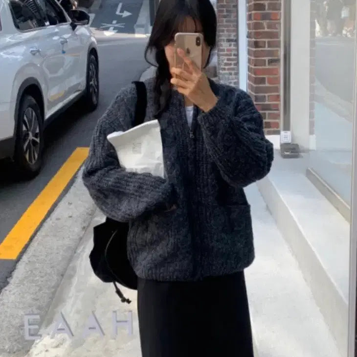 [BUNJANG] Charcoal Pocket Cardigan Zip-up / 포켓 가디건 집업