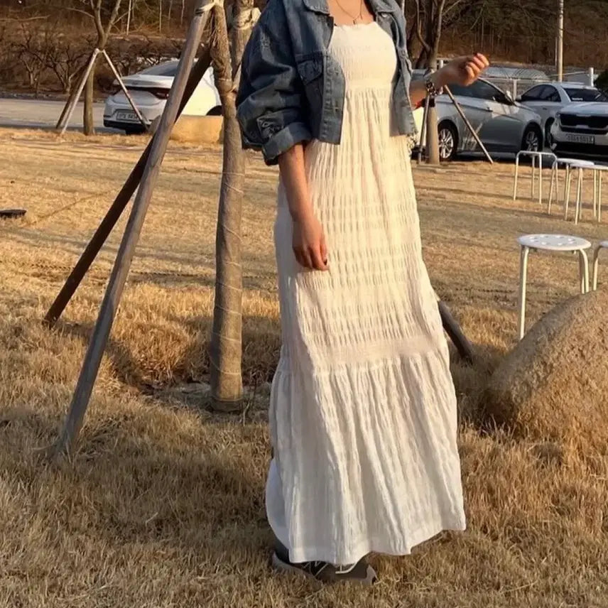 [BUNJANG] White Shirred Long Dress / 끈나시 화이트 셔링 롱 원피스
