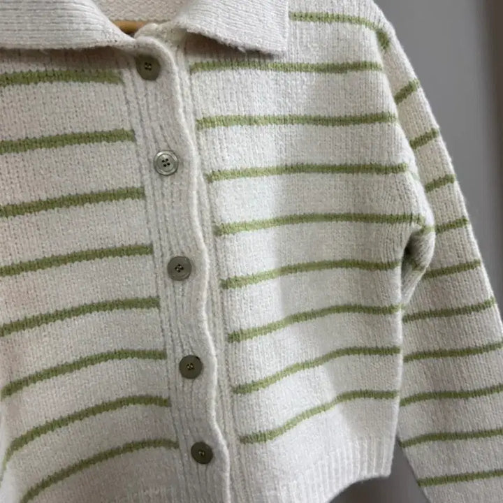 [BUNJANG] Green Striped Knit Cardigan / [새상품] 연두색 스트라이프 니트 가디건