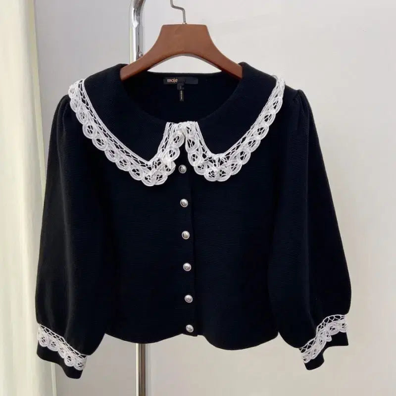 [BUNJANG] MAJE Lace Collar Black Cardigan / MAJE마쥬 레이스 칼라 블랙 가디건