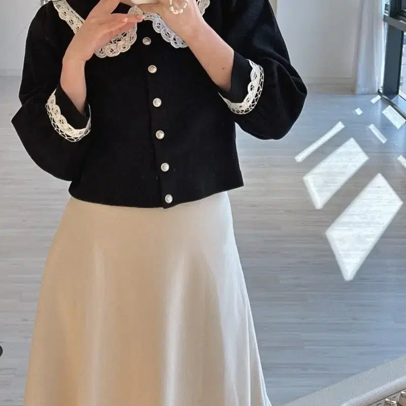 [BUNJANG] MAJE Lace Collar Black Cardigan / MAJE마쥬 레이스 칼라 블랙 가디건