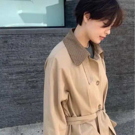 [BUNJANG] Check Pattern Long Trench Coat / 체크배색 롱 트렌치 코트