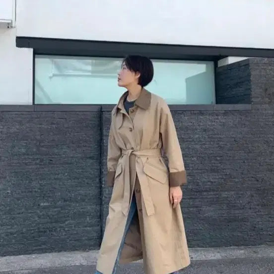 [BUNJANG] Check Pattern Long Trench Coat / 체크배색 롱 트렌치 코트