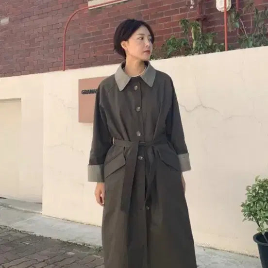 [BUNJANG] Check Pattern Long Trench Coat / 체크배색 롱 트렌치 코트