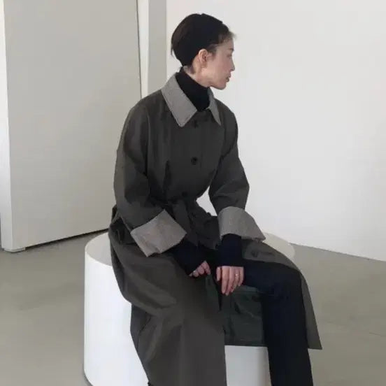 [BUNJANG] Check Pattern Long Trench Coat / 체크배색 롱 트렌치 코트