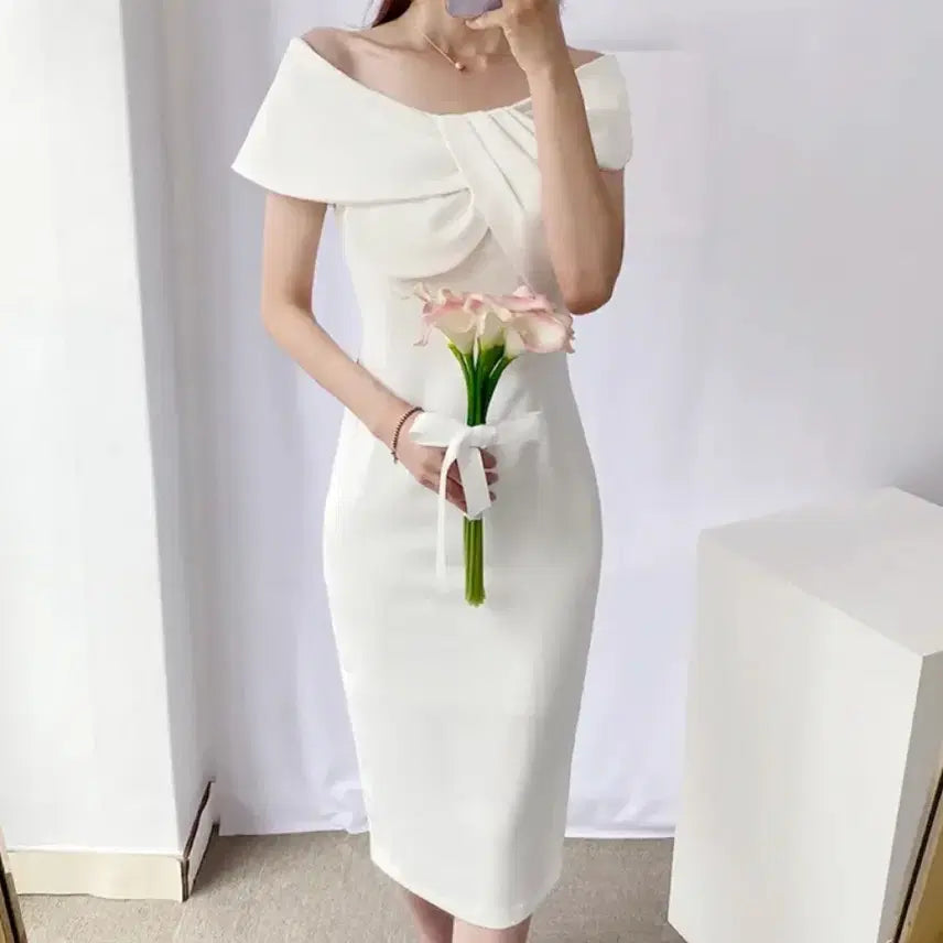 [BUNJANG] White Off-Shoulder Midi Dress / 화이트 오프숄더 미디 드레스 셀프웨딩 브라이덜샤워 돌잔치 연주회 졸업사진