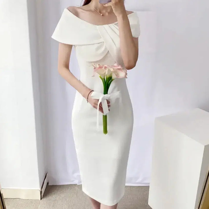 [BUNJANG] White Off-Shoulder Midi Dress / 화이트 오프숄더 미디 드레스 셀프웨딩 브라이덜샤워 돌잔치 연주회 졸업사진