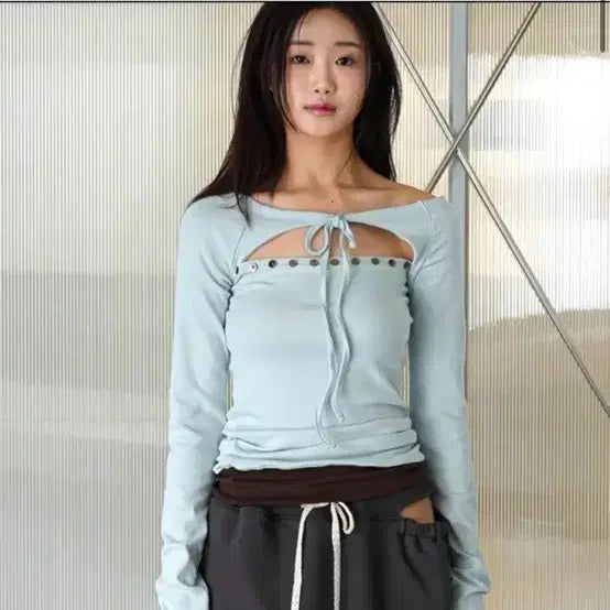 [BUNJANG] In&amp;Yang Harmony Button Sleeve Sky Blue Top / 인앤양 하모니 버튼 슬리브