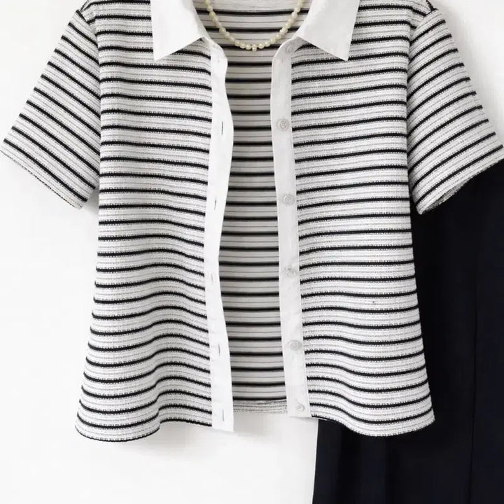 [BUNJANG] Striped Tweed Short-Sleeve Knit Jacket Blouse / 스트라이프 트위드 반팔 니트 자켓&amp;  가디건 블라우스