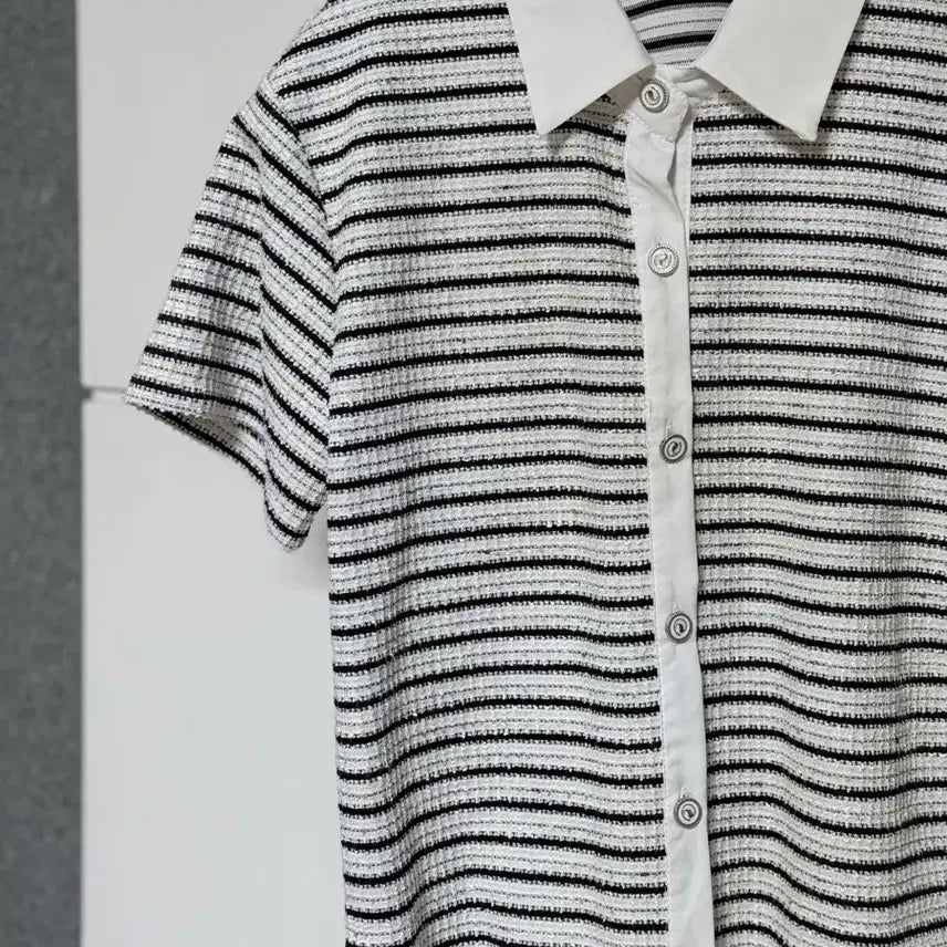 [BUNJANG] Striped Tweed Short-Sleeve Knit Jacket Blouse / 스트라이프 트위드 반팔 니트 자켓&amp;  가디건 블라우스