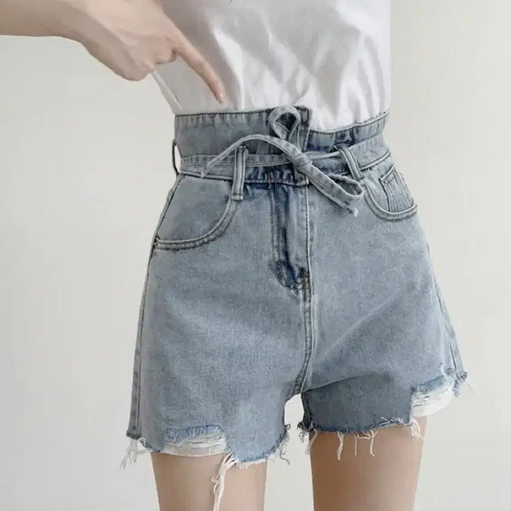 [BUNJANG] Ribbon Asymmetrical Denim Shorts / 리본 언발 데미지 데님 숏팬츠 반바지