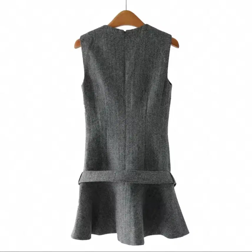 [BUNJANG] Herringbone Buckle Mini Dress Charcoal Gray S / 헤링본 버클 미니 원피스 드레스 챠콜 그레이 s