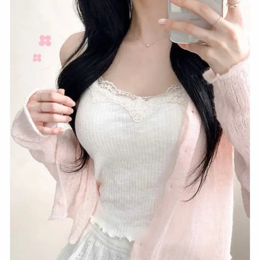 [BUNJANG] Lace Cami + Eyelet Knit Cardigan Set / 레이스 끈나시 + 펀칭 라운드넥 니트 가디건 set 새상품