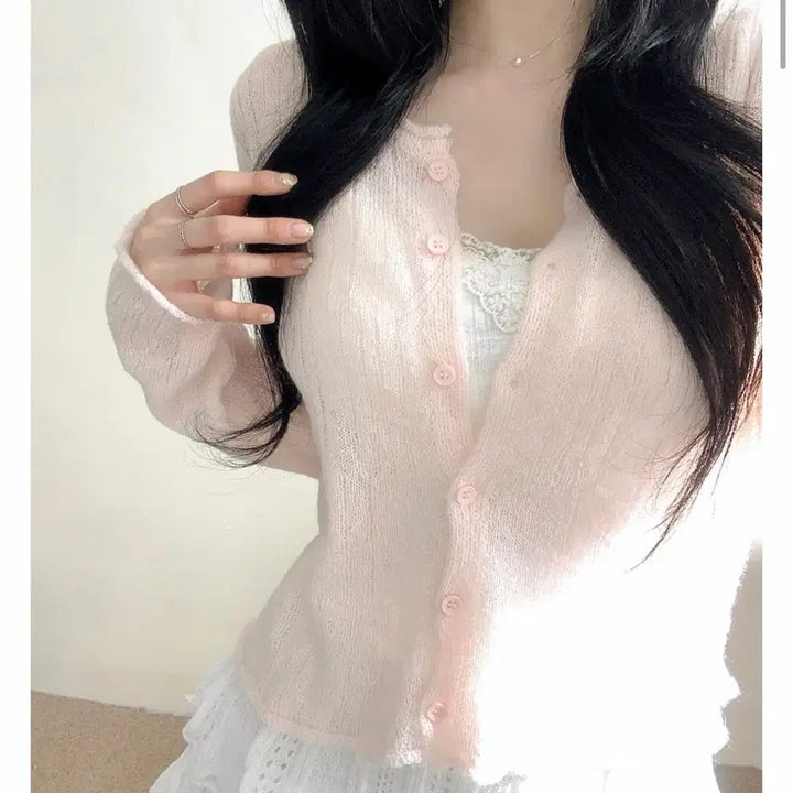 [BUNJANG] Lace Cami + Eyelet Knit Cardigan Set / 레이스 끈나시 + 펀칭 라운드넥 니트 가디건 set 새상품