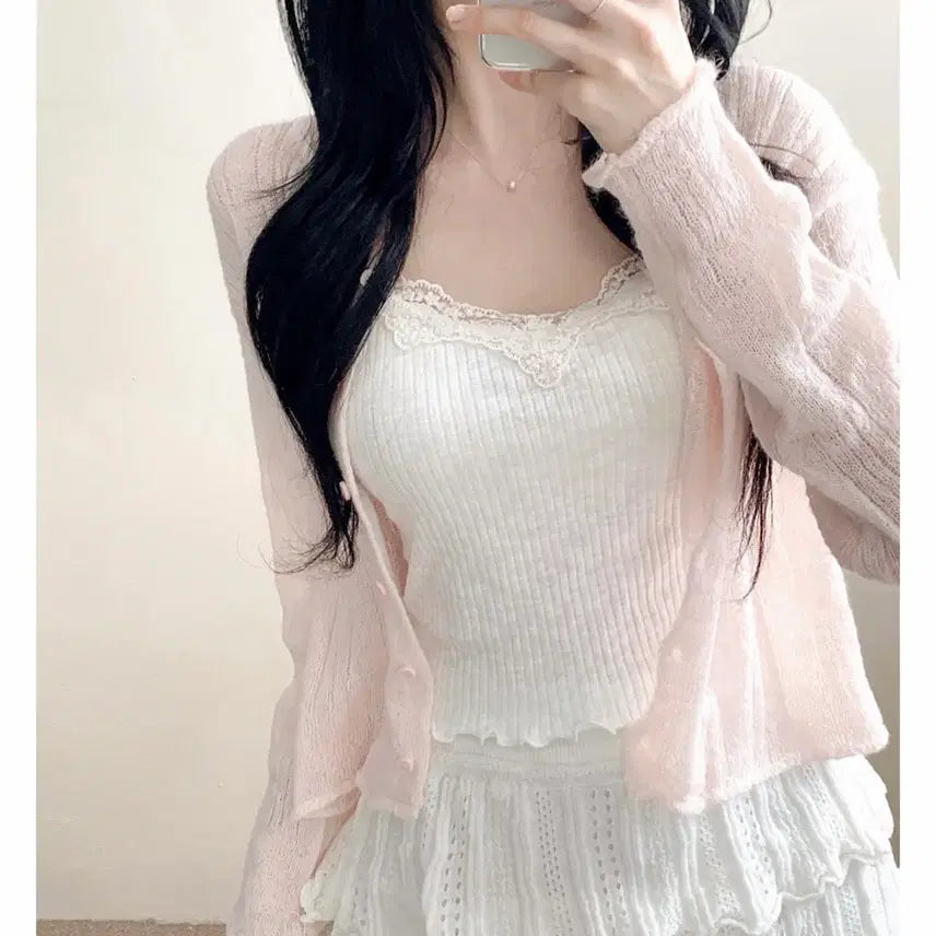 [BUNJANG] Lace Cami + Eyelet Knit Cardigan Set / 레이스 끈나시 + 펀칭 라운드넥 니트 가디건 set 새상품