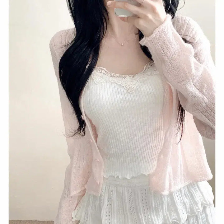[BUNJANG] Lace Cami + Eyelet Knit Cardigan Set / 레이스 끈나시 + 펀칭 라운드넥 니트 가디건 set 새상품