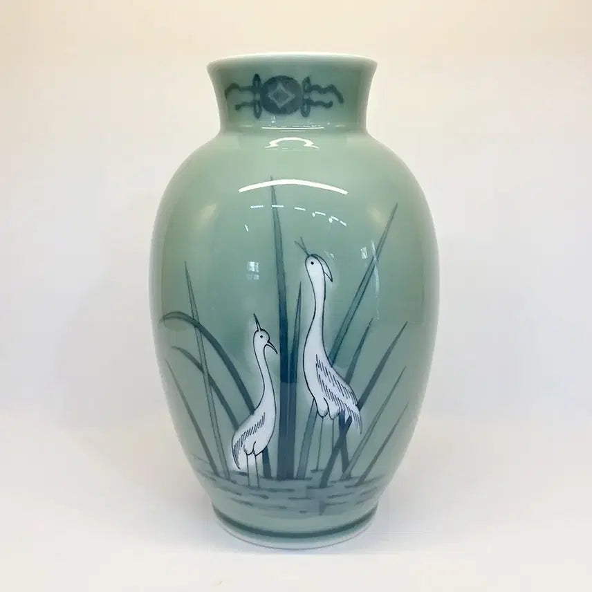 [BUNJANG] Celadon Porcelain Crane Painting Vase / 청자 학그림 화병 항아리 인테리어 장식용 소품