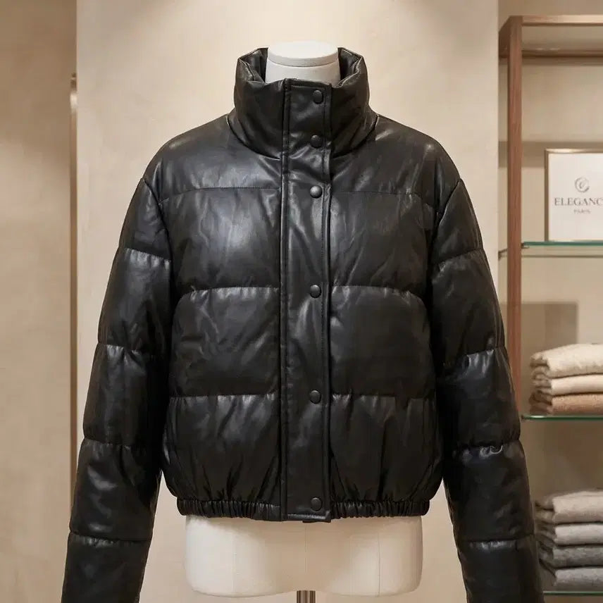 [BUNJANG] Black Leather Oversized Short Padded Jacket / 66~77/블랙 레더 오버핏 숏패딩